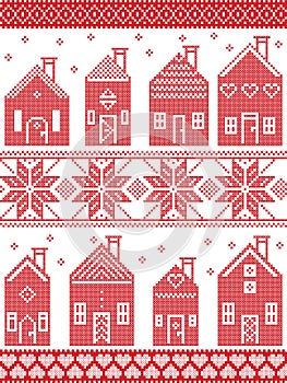Scandinavian style and Nordic culture inspired Christmas seamless winter pattern including Swedish style houses, ornaments photo