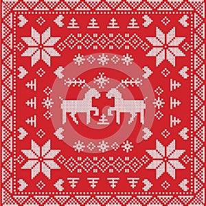 Scandinavian style Nordic winter stitch, knitting seamless pattern in square, tile shape including snowflakes, trees, Christmas