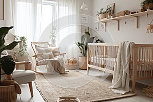 Scandinavian Style Nursery With Light And Airy Decor, Soft Textiles, And Natural Wood Accents. Generative AI