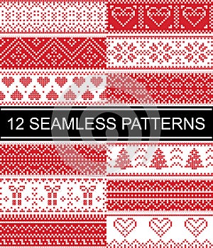 Scandinavian style patterns inspired by Norwegian Christmas, festive winter seamless pattern in cross stitch with heart, s