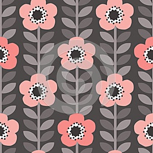 Scandinavian style poppies vector gray and light red pattern