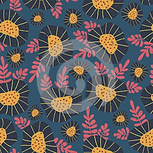 Scandinavian style retro flower background. Seamless vector pattern. Blue and yellow flowers with pink leaves on blue background,