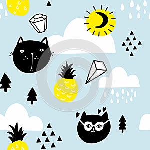 Scandinavian style seamless pattern with pineapples and cats in the sky.