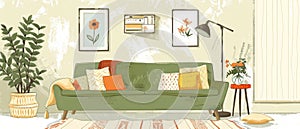 Scandinavian style sofa with coffee table, rack and floor lamp. Simple stylish interior with pictures, plants and