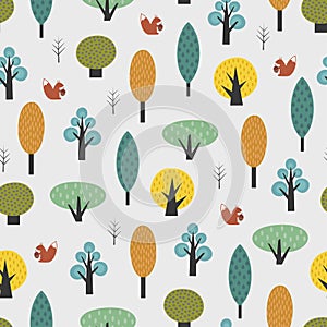 Scandinavian style trees with baby squirrel seamless pattern.