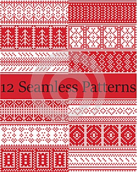 12 Scandinavian style vector patterns inspired by Norwegian Christmas, festive winter seamless pattern in cross stitch with heart