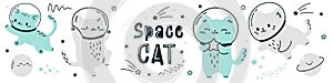 Scandinavian style vector set. Cats in spacesuits flying in space. Space cat inscription. Stars and planets