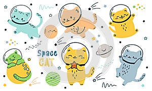Scandinavian style vector set. Cats in spacesuits flying in space. Space cat inscription. Stars and planets