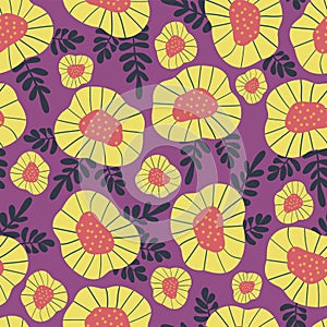 Scandinavian style vintage floral background. Seamless vector pattern. Pink, yellow, and red flowers on purple background. Modern