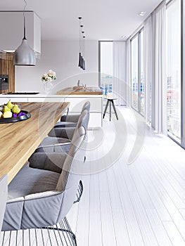 Scandinavian styled dining room and open plan kitchen with city outlook