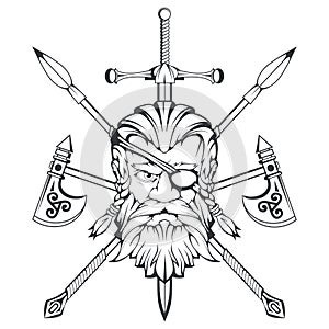 Scandinavian supreme god of Norse mythology - Odin. Hand drawing of Odin Head. Cartoon bearded man character. God Odin, Wotan photo