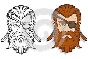 Scandinavian supreme god of Norse mythology - Odin. Hand drawing of Odin Head. Cartoon bearded man character. God Odin, Wotan,