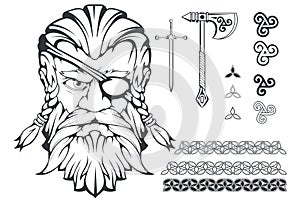 Scandinavian supreme god of Norse mythology - Odin. Hand drawing of Odin Head. Cartoon bearded man character. God Odin, Wotan