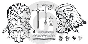 Scandinavian supreme god of Norse mythology - Odin. Hand drawing of Odin Head. Cartoon bearded man character. God Odin, Wotan