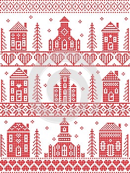 Scandinavian Tall  Christmas pattern including Nordic Christmas scenery  Winter Village Church , house, cottages, town hall in cro