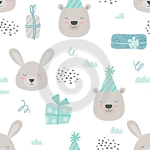 Scandinavian Teddy Animals Seamless Pattern. Baby Background with Cute Bear and Rabbit in Birthday Hats and Gift Boxes