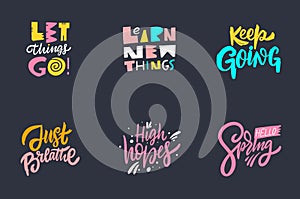 Scandinavian typoraphy lettering phrases set. Colorful vector illustration. Isolated on black background