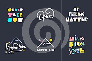 Scandinavian typoraphy lettering phrases set. Colorful vector illustration. Isolated on black background