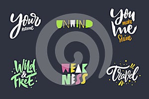 Scandinavian typoraphy lettering quotes set. Colorful vector illustration. Isolated on black background