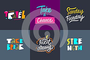Scandinavian typoraphy lettering quotes set. Colorful vector illustration. Isolated on black background