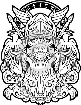 scandinavian valkyrie, outline illustration design