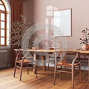 Scandinavian vintage dining room in orange and beige tones. Wooden table with chairs, parquet, decors and frame mockup. Farmhouse