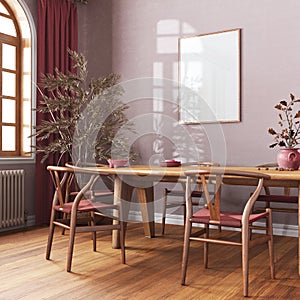 Scandinavian vintage dining room in red and beige tones. Wooden table with chairs, parquet, decors and frame mockup. Farmhouse