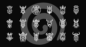 Scandinavian warrior emblem set, medieval mascot logo, ancient Norseman. Viking monochrome symbols collection, man in a photo