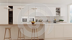 Scandinavian white kitchen, interior walk through, steady cam, minimalistic design