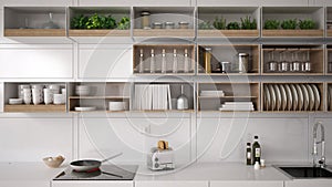 Scandinavian white kitchen, shelving system, minimalistic