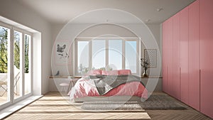 Scandinavian white and pink minimalist bedroom with panoramic window, fur carpet and herringbone parquet, modern pastel architectu photo