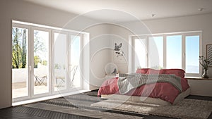 Scandinavian white and pink minimalist bedroom with panoramic window, fur carpet and herringbone parquet, modern pastel architectu photo