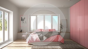 Scandinavian white and pink minimalist bedroom with panoramic window, fur carpet and herringbone parquet, modern pastel architectu photo