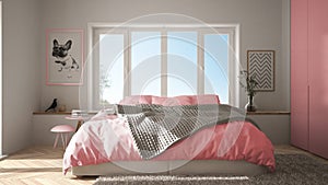Scandinavian white and pink minimalist bedroom with panoramic window, fur carpet and herringbone parquet, modern pastel architectu photo