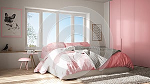 Scandinavian white and pink minimalist bedroom with panoramic window, fur carpet and herringbone parquet, modern pastel architectu photo