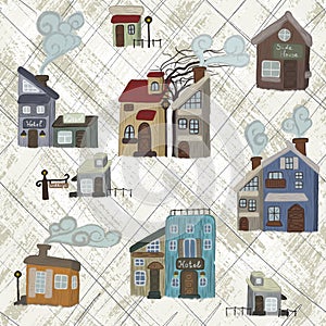 Scandinavian wooden houses with a smoke from the chimney. Cartoon style norge houses. Architectural seamless pattern.