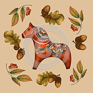 Scandinavian Wooden Red Horse. Floral Folk Ornament, Fall Leaves