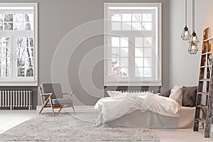 Scandinavin loft gray empty bedroom interior with armchair, bed and lamp.