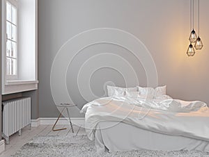 Scandinavin loft gray empty bedroom interior with bed, table and lamp.