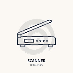Scanner flat line icon. Office scanning device sign. Thin linear logo for printery, equipment store photo