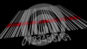 Scanning bar code on black background, red line of scanner running on the lines