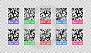 Scanning barcode banners graphic design. Set of vector frames of qr code with inscription scan me vector design