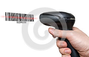 Scanning barcode with bar code reader isolated on white background.