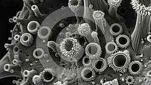 A scanning electron microscope image of a of centrioles small cylindrical structures involved in cell division and photo