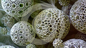 A scanning electron microscope image of several pollen grains highlighting their symmetrical and geometric patterns