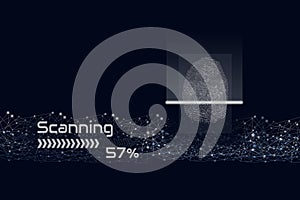 Scanning fingerprint with digital line on dark blue background, biometric identity and approval. Business Technology Safety