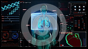 Scanning front body. Human lungs, Pulmonary Diagnostics in digital display dashboard. Blue X-ray light.