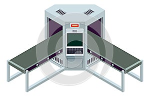 Scanning machine. Empty conveyor belt with baggage check screen