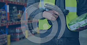 Scanning worker wearing vest using barcode scanner holding shrinkwrapped pack in aisle, copy space