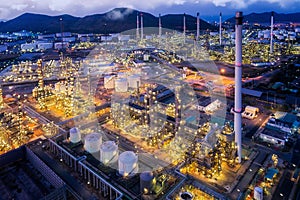 And scape of Oil refinery plant from bird eye view on night